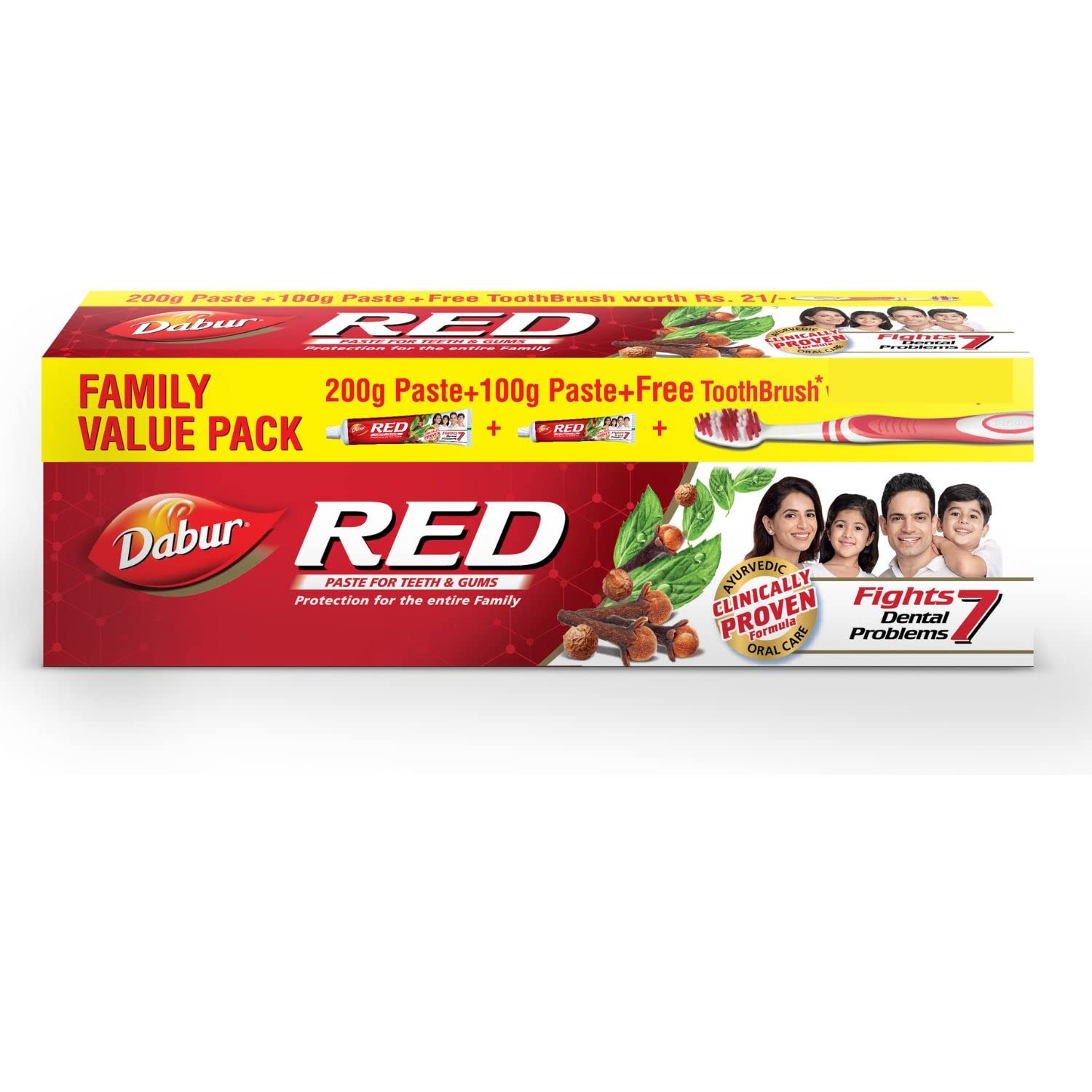 Dabur Red Toothpaste  (200g + 100G) With Free Toothbrush