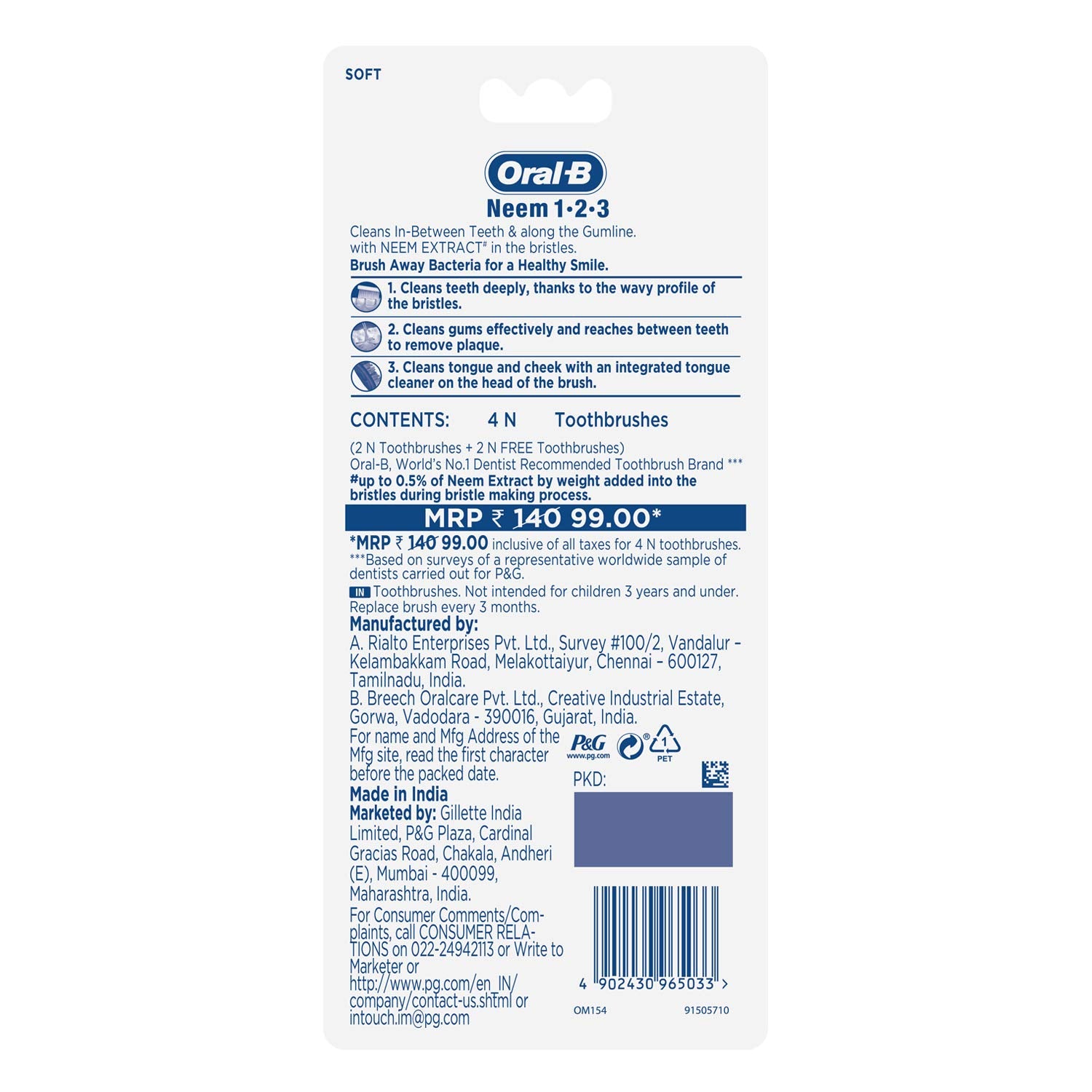 Oral-B 123 Neem Extract Toothbrush (Buy 2 Get 2 Free)
